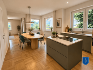Moderne Küche und Essbereich (-KI generiert)